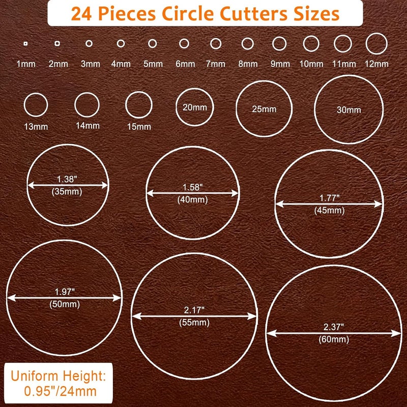 JIDOLAR 24 Pieces Leather Circle Cutter Tool Set, Hole Punch Tools with 1-15mm 20 25 30 35 40 45 50 55 60mm, High Carbon Steel Round Cutting Dies, Hole Punch Tool Kit for DIY Leather Crafts - Image 2